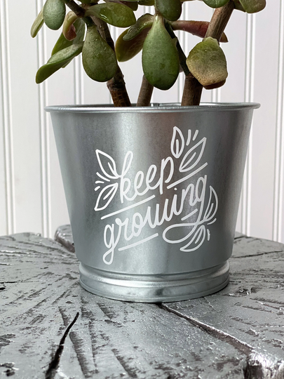 Keep Growing Planter/Silver Galvanized Metal Indoor Rustic Farmhouse Décor Inspirational Achievement Gift