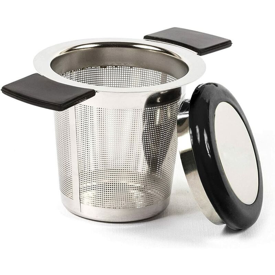 Perle Rare - Stainless Steel Tea Filter Tea Infuser Tea Strainer with Fine Hole Silicone Handle and Lid for Mug Cup Teapot or Herbs in Kitchen (Black)