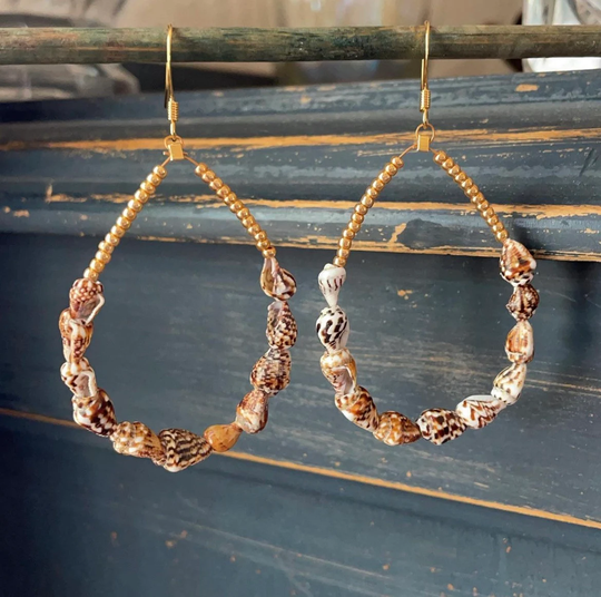 Gold Seed Bead & Seashell Hoop Earrings
