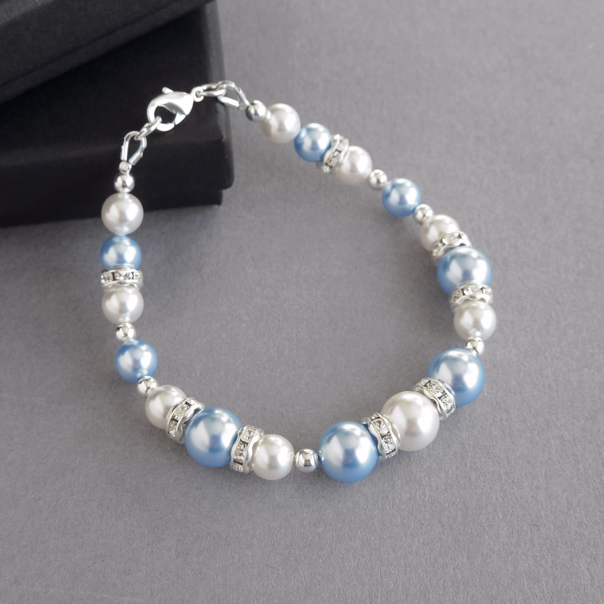 Light Blue Pearl & Crystal Bracelet - Pastel Wedding Jewellery Pale Bridal Party Gift Powder Sky Bridesmaids Bracelets