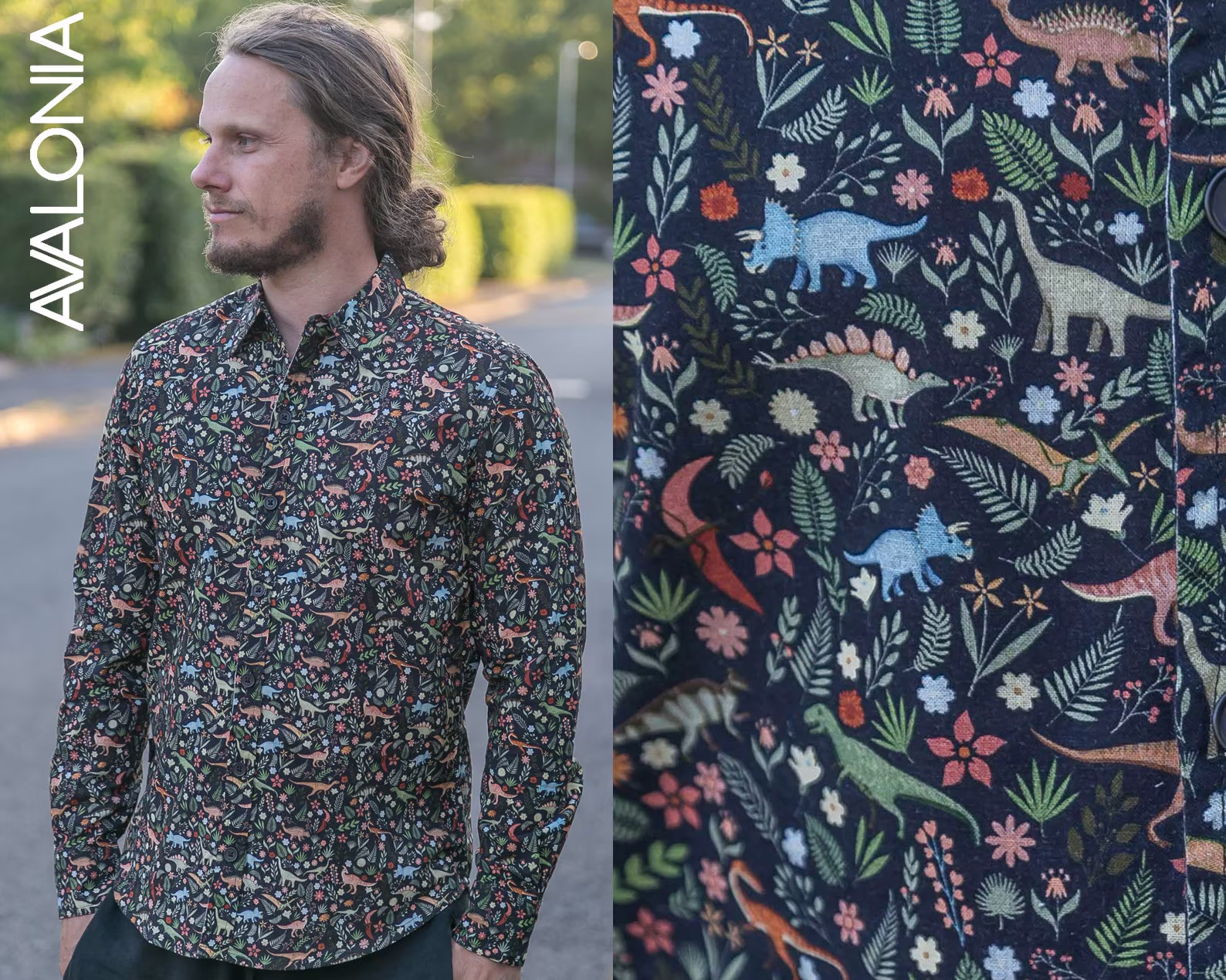 Mens 100% Cotton & Organic Long Sleeve Slim Fit Shirt Dinosaur Floral Black Print