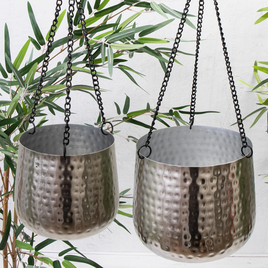 Silver Metalic Metal Hammered Hanging Flower Basket Pot Planter Indoor/Garden
