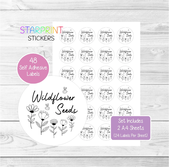Wildflower Seeds Stickers, 48 Round Flower Packet Labels | 2 A4 Sheets, Ideal For Wedding Favours/Funerals/Birthday/Anniversary Celebrations