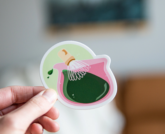 Matcha Matte Sticker - Vinyl Stickers Bowl Pink & Green Design Illustration