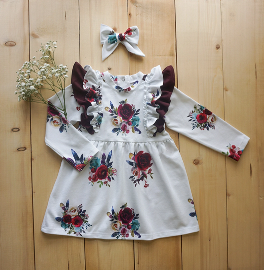 Floral Organic Cotton Dress For Girl - Baby Ruffle Dress-Handmade - Family Photoshoot Toddler Dress - Gots Cotton - Comfy, Cute, Eco-Friendly
