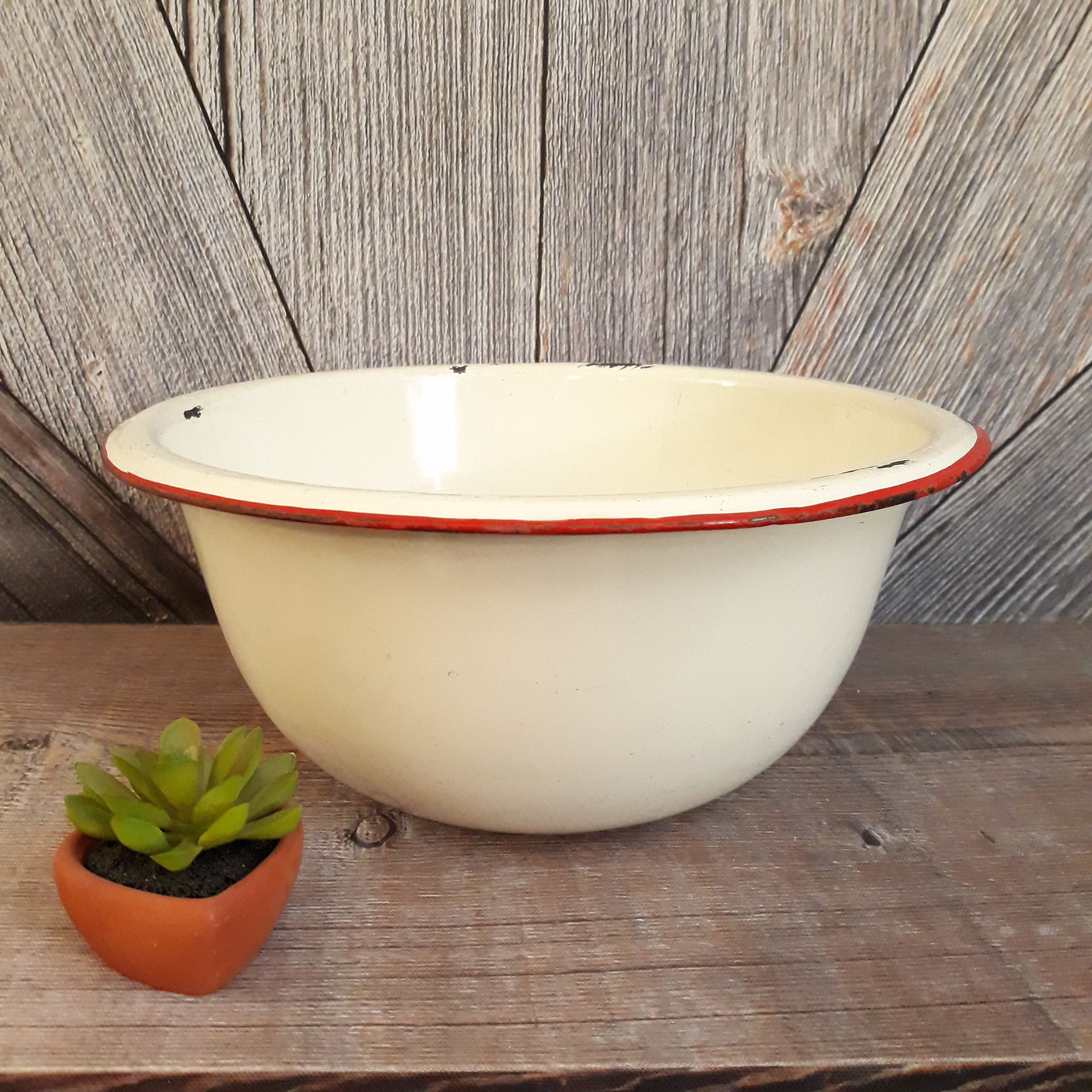Vintage Enamel Small 11.5 X 5 Inch Bowl {Enamelware Basin Indoor Garden} Herb Succulent Plants. Distressed Planter Garden Kitchen