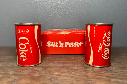 Vintage 1970S Coca-Cola Tin Can Salt & Pepper Shakers Style No. 123 Made in Hong Kong New Box