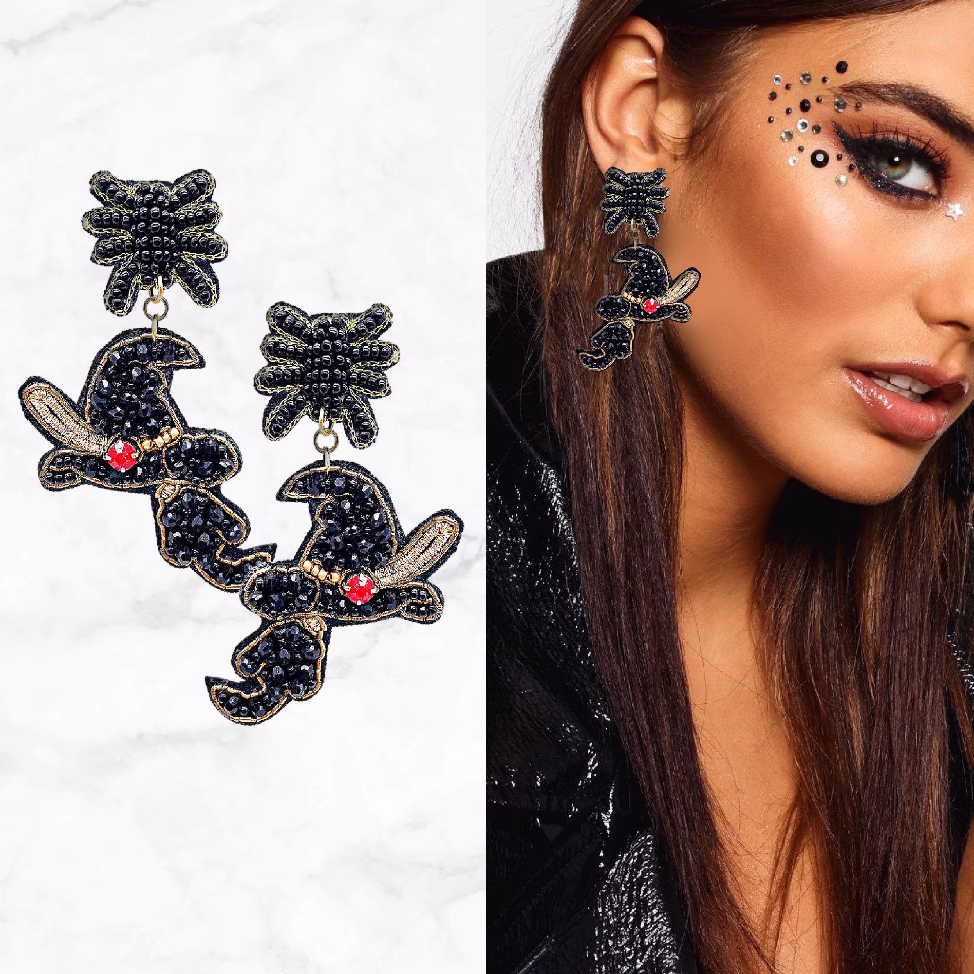 Witch Hat Broom Spider Rhinestone Seed Bead Halloween Gift Statement Earrings