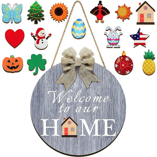 Echoo - Interchangeable Seasonal Welcome Sign Front Door Decor Rustic Wood Welcome to Our Home Sign Wall Hanging Porch Decoration for Fall Christmas