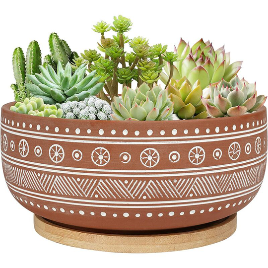 Pot 20cm round terracotta flower pot with drainage hole and bamboo tray, for indoor plants