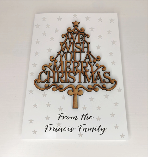 Merry Christmas Card Personalised Wood Tree Handmade Festive Season | Family Friend