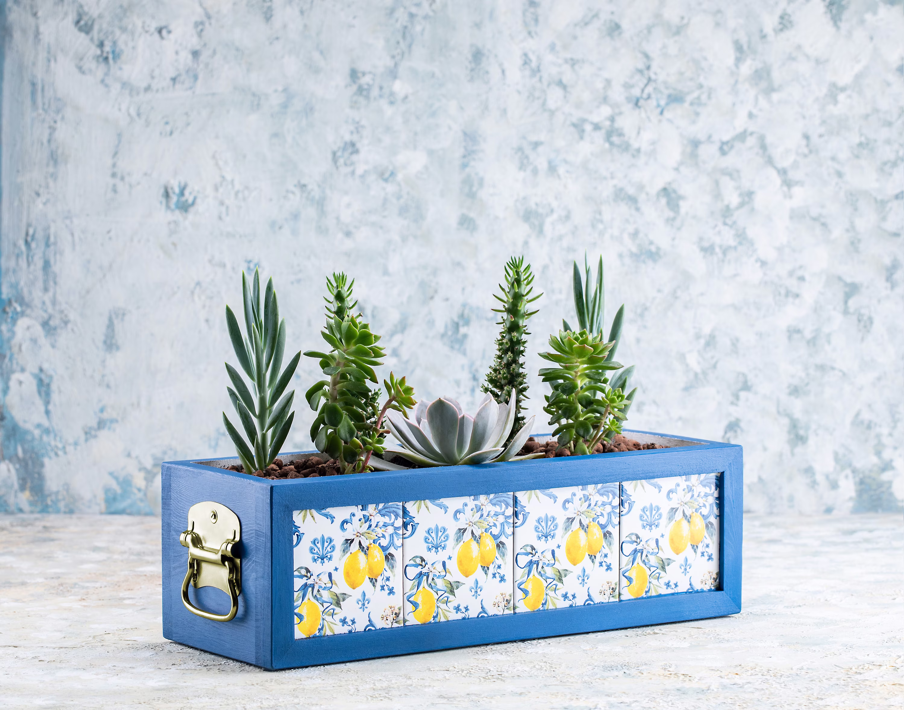 Wooden Planter With Mediterranean Style Tiles, Custom Rustic Indoor&outdoor Flower Box Tray & Handle/Plant Pot/Red, Blue, Green, Brown