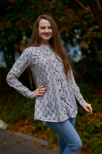 New Layanah Tunic Shirt, Pure Cotton, Hand Block Printed, Bohemian, Casual-Occasional, Blue, Pink, All Season, Handcrafted, Ethical Fashion