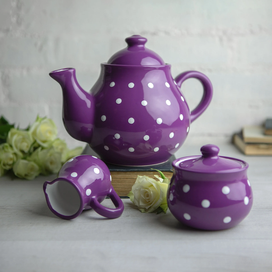 Purple Ceramic Tea Set, Teapot Large Teapot, Milk Jug, Sugar Bowl Handmade Stoneware Pottery With White Polka Dot