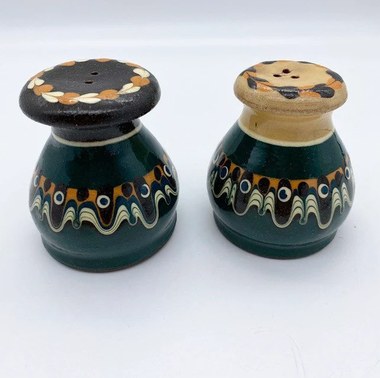 Vintage Bulgarian Folk Art Salt & Pepper Shakers Green