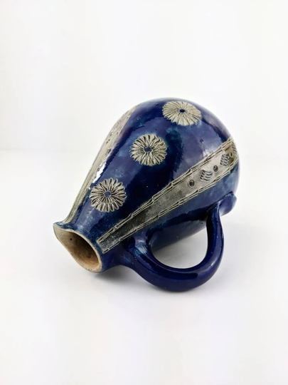 Johannes Mühlendyck Studio Pottery Salt Glaze Jug, Blue & Grey Daisy Pattern, Töpferhof Mühlendyck, 1950S
