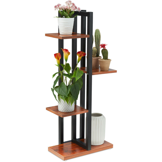 Metal Flower Stand, 4-Tier Indoor Pot Shelf Ladder, Wooden Look, 93 x 42.5 x 22.5 cm, Plant Rack, Dark Brown - Relaxdays