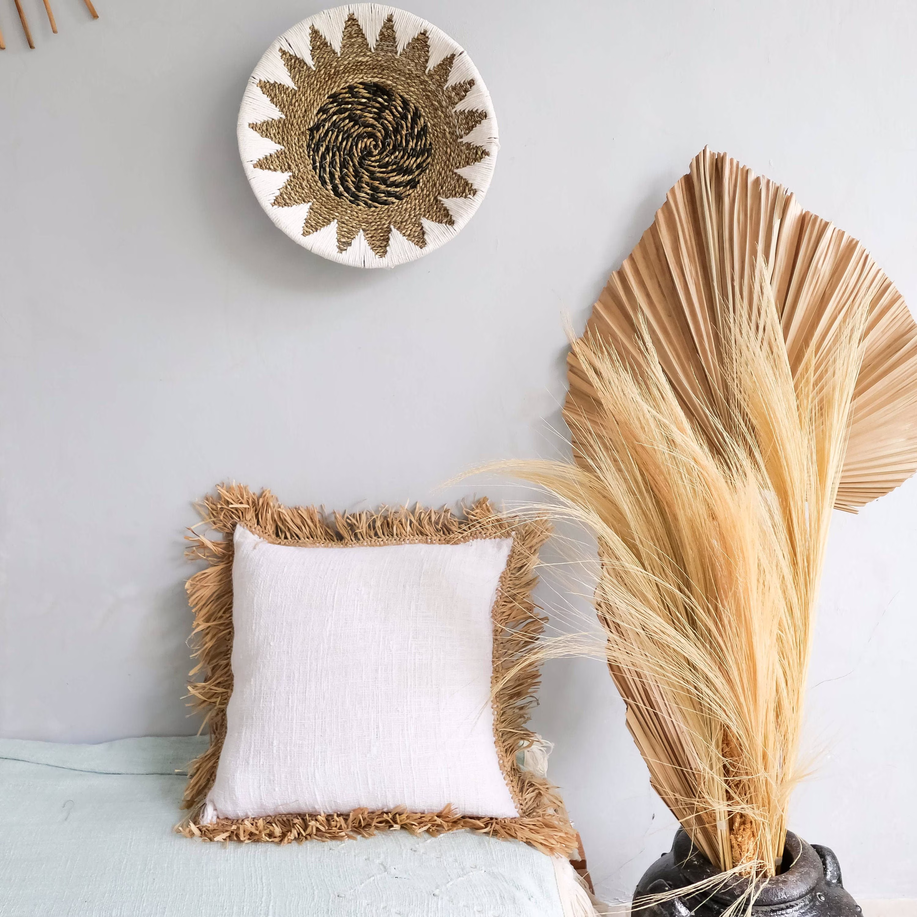 Konde Organic White Cotton Fringed Pillow Cover - Boho Decorative Bohemian Throw Raffia Case Jute