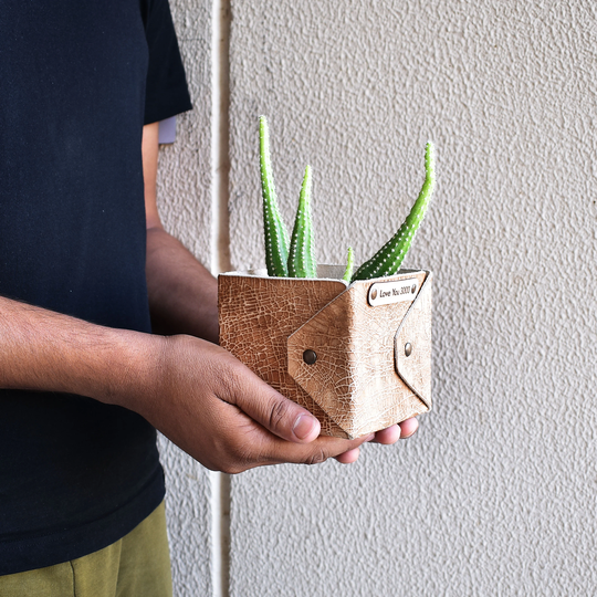 Set Of 2 , Indoor Leather Planter For Home Decor, Designer Handmade Plant Pot Gifting, Leather Holder & Office