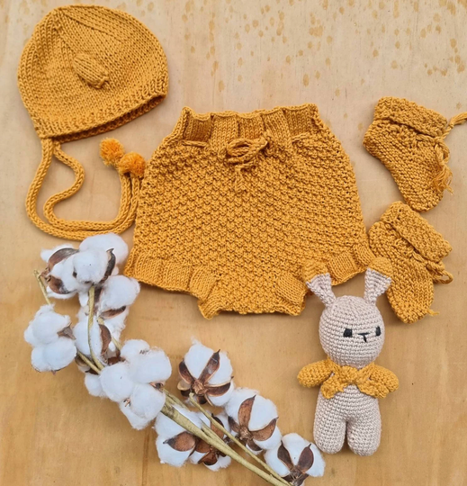 Organic Cotton Knitted Baby Bloomers + Beanie Set
