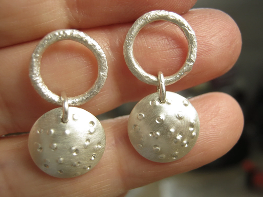 Small Raw Organic Earrings With Round Dotted Dangle, Sterling Silver - Rustic Raw Oxidized Or Sterling Of Your Choice