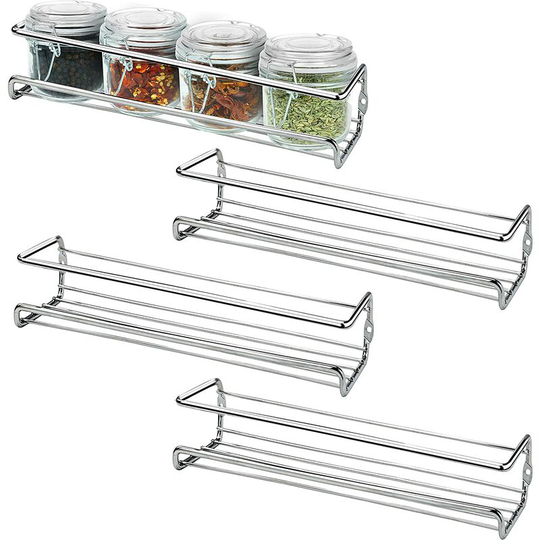 Belle Vous Set of 4 Wall Mounted Spice Racks Chrome Finish - Spice and Herb Holders for Kitchen Walls and Cupboards on 1 Floor - Wall Mounted Kitchen