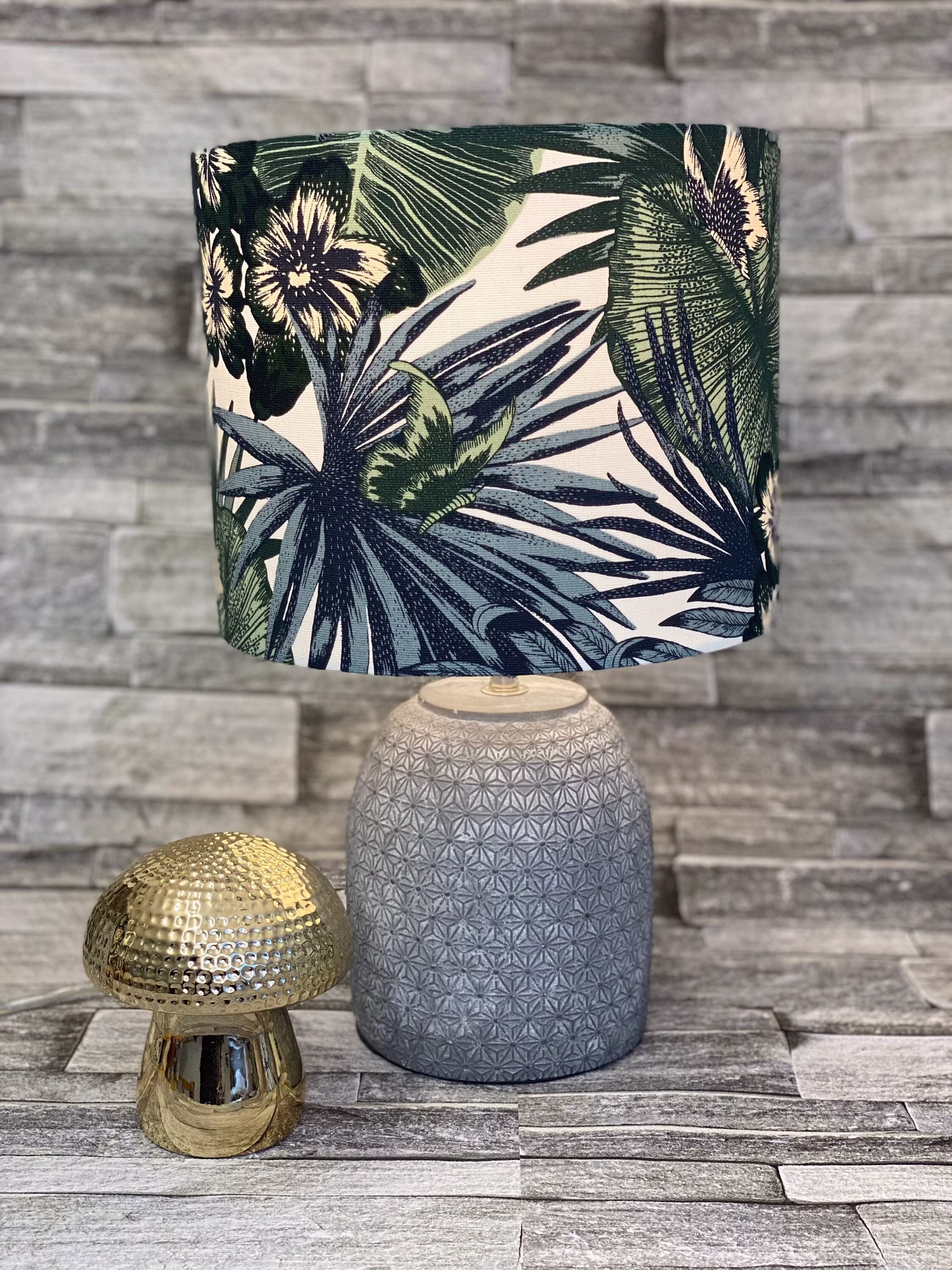 Drum Lampshade Or Ceiling Shade, Handmade, 20cm, 30cm, 40cm, Made To Order, Palm Leaves, Hibiscus, Green, Lamp