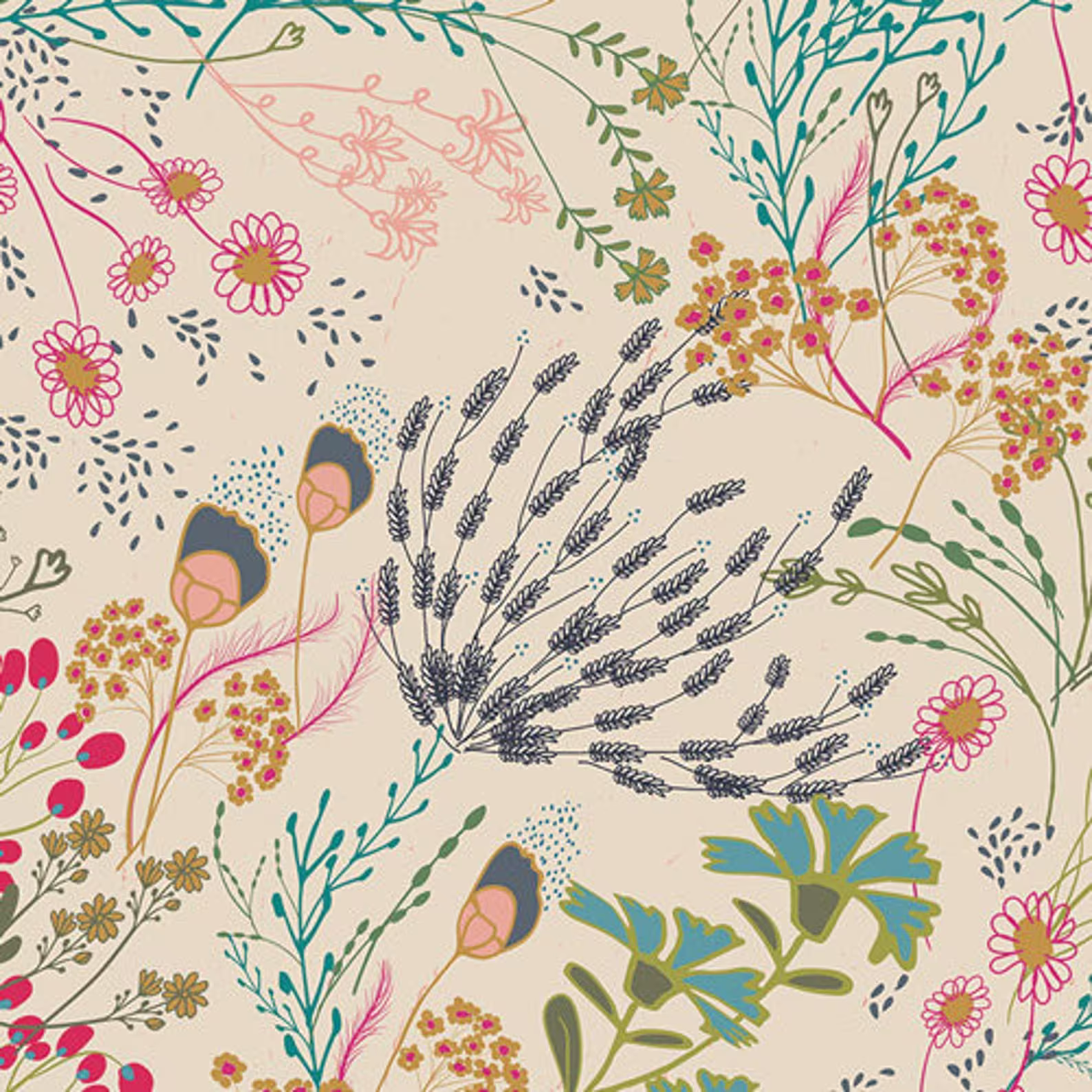Art Gallery Fabric Indie Folk Meadow in Vivid Boho Floral Cream Gold Navy Blue Flowers Ifl-46302 Fall Autumn Seasonal Quilting Sewing