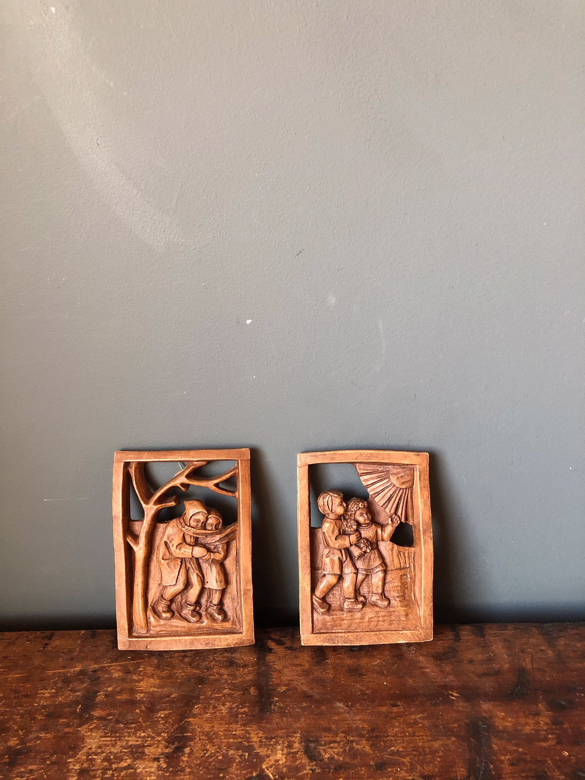 Unusual Pair Of Vintage Pottery Wall Plaques Children in Seasons Winter Summer Decor