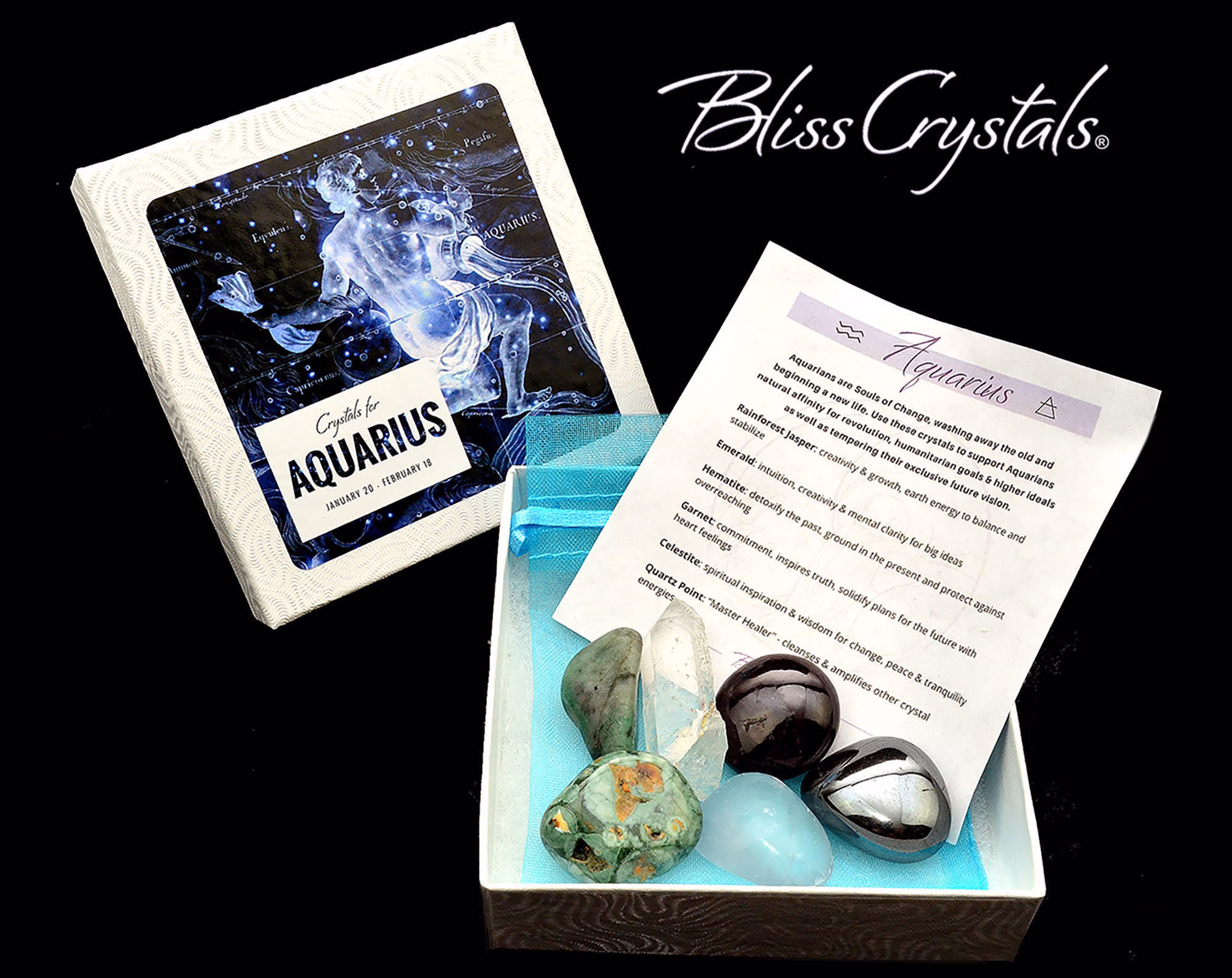 Aquarius Zodiac Set Of 6 Crystals + Gift Box, Bag & Info Card, Birth Sign #zk22