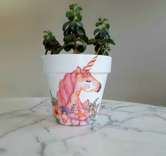 Unicorn Plant Pot-6 Inch, Gifts, Decor, Nursery Pots, Indoor Planters, Decoupage Clay Planters