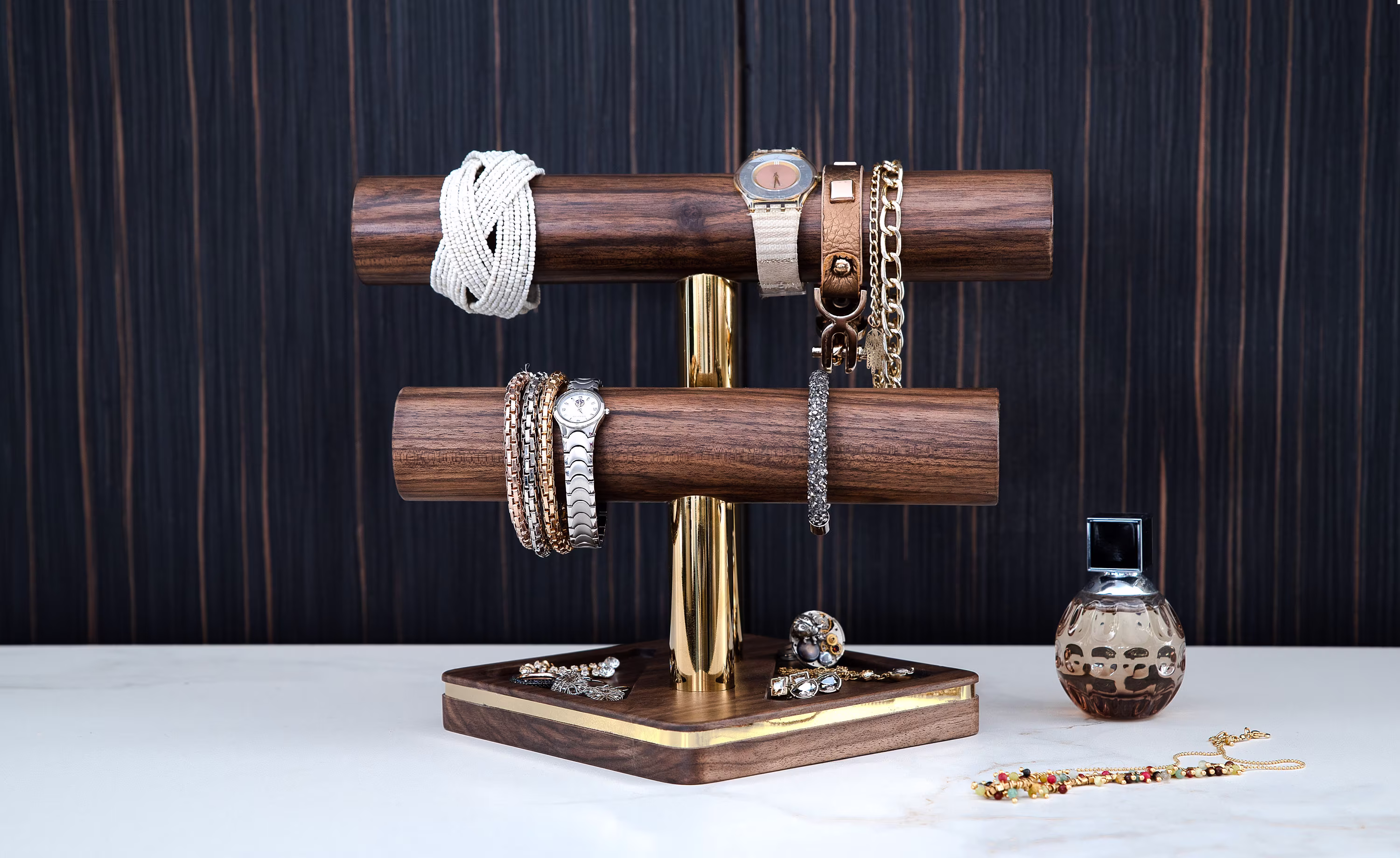 Luxury Wood Jewelry Stand, Jewelry Organizer Stand, Bracelet, Earring & Ring Display Holder, Mothers Day Gift, T-Bar Watch Stand Organizer