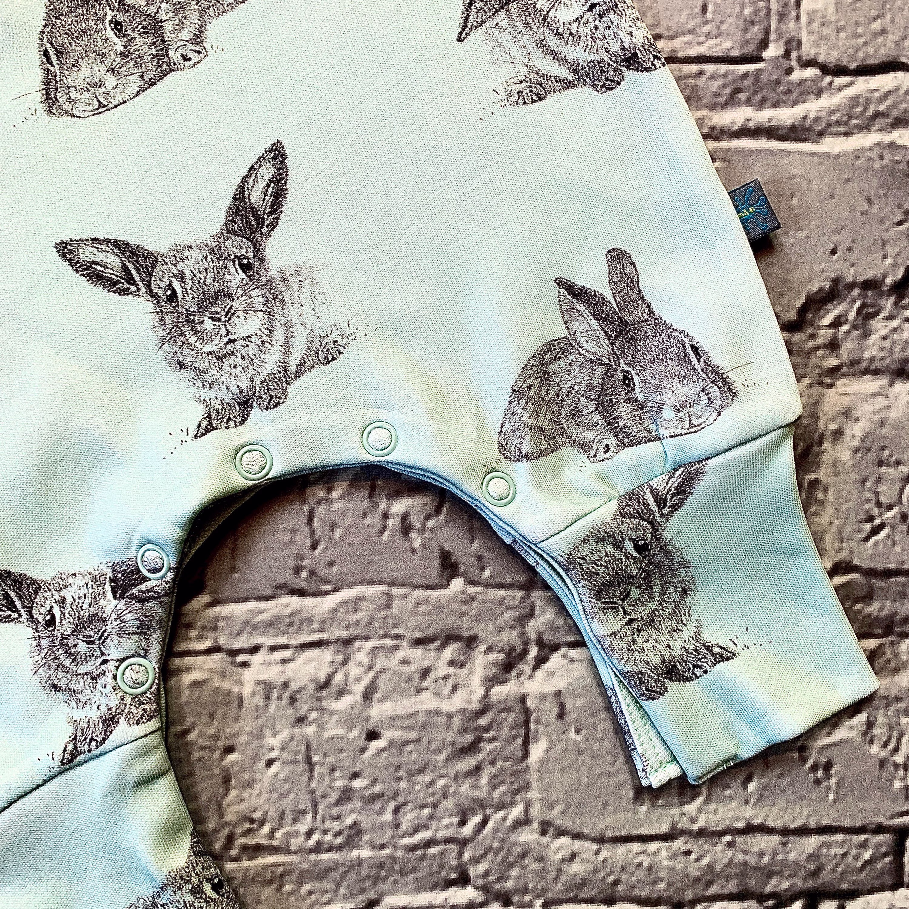 Ready To Ship Organic Mint Bunnies Romper, Baby Clothes, Girls Dungarees