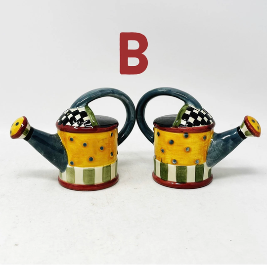 Debbie Mumm Salt & Pepper Shakers - Watering Can Sakura Checked Sunflowers Kitchen Decor