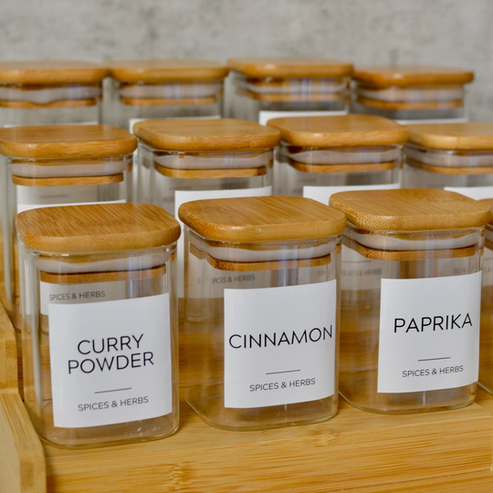 Square Spice Jar With Spice Jar Label Pantry Organisation Eco Storage Jars Cupboard Tidy Personalised Clean Living