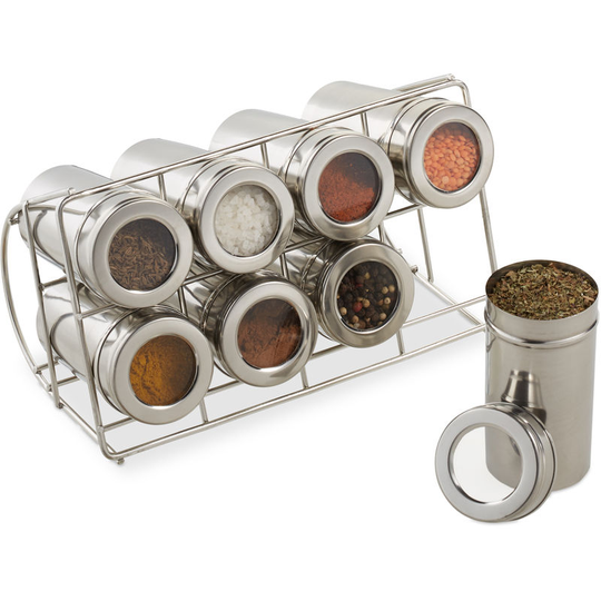 Spice Rack with 8 Jars, 200ml Containers for Herbs, Stainless Steel Stand hwd 10 x 22 x 14 cm, Silver - Relaxdays