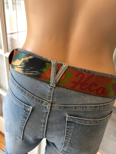 Vintage Hollister Brown Leather Hawaiian Floral/Surf Belt