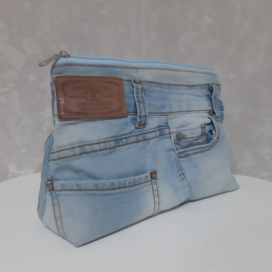Large Casual Denim Cosmetic Bag, Travel Organizer Of Shabby Jeans, Denim Purse For Makeup & Medicines, Handmade From Ukraine