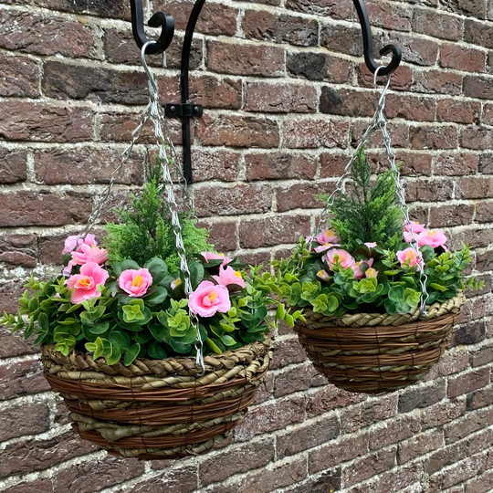 Set Of 2 X Artificial Azalea Topiary Hanging Baskets | 25cm