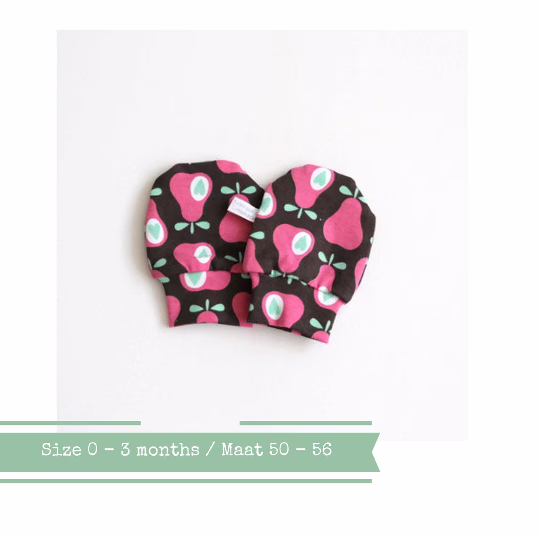 Organic Baby Mittens. Size 0 - 3 Months. Scratch Mitts Gots Fabric With Retro Pears. Baby Gift. Hand Covers. Pink Pears & Hearts