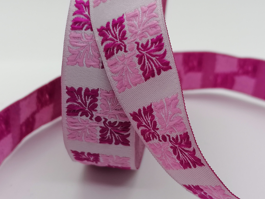25 Mm Powder/Pink Square Jacquard Ribbon | 0, 98 Inch, Geometric Shapes, Otantic Trims, Embroidered Trim, Handwoven Fabric Ribbon