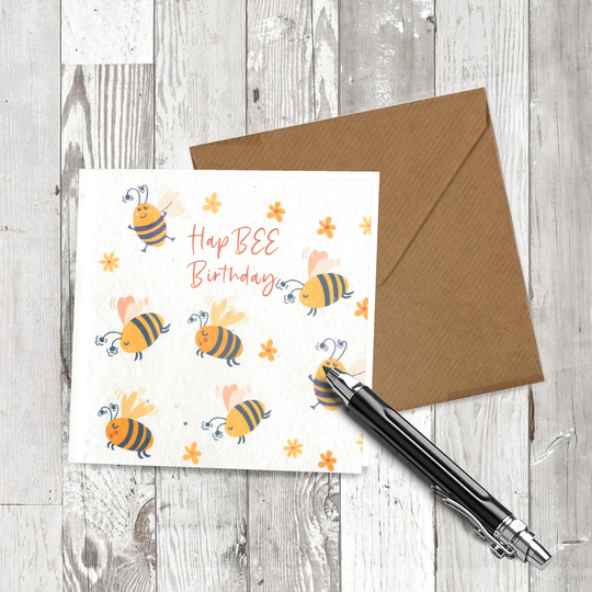 Plantable Seeded, Happbee Birthday Card, Fun Bees Design, Recycled Card