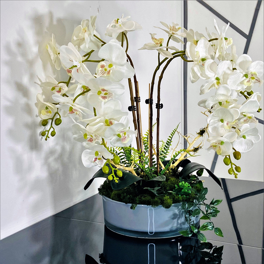 Large White Orchid Arrangement.artificial Flowers, Silk Leaves, Moss, in Xl Grey Cylinder Glass Bowl.flower Arrangement, Home Decor