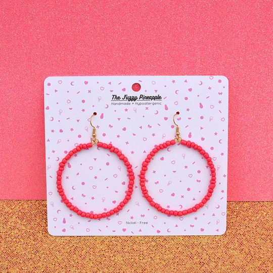 strawberry Pink Seed Bead Hoop Earrings By The Fuzzy Pineapple Dangle Drop Bohemian Bright Hot Boho Glass Beaded