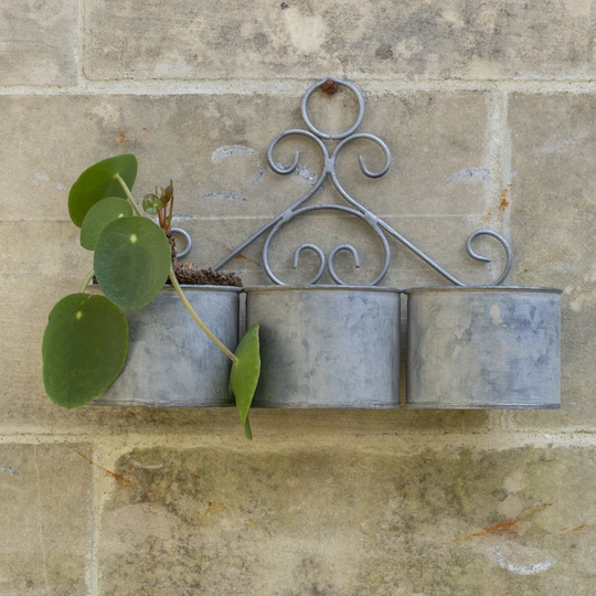 Zinc Wall Hung Trio Plant Pot Holder - Ornate Hanging Planter Grey Metal Gift 3 Garden
