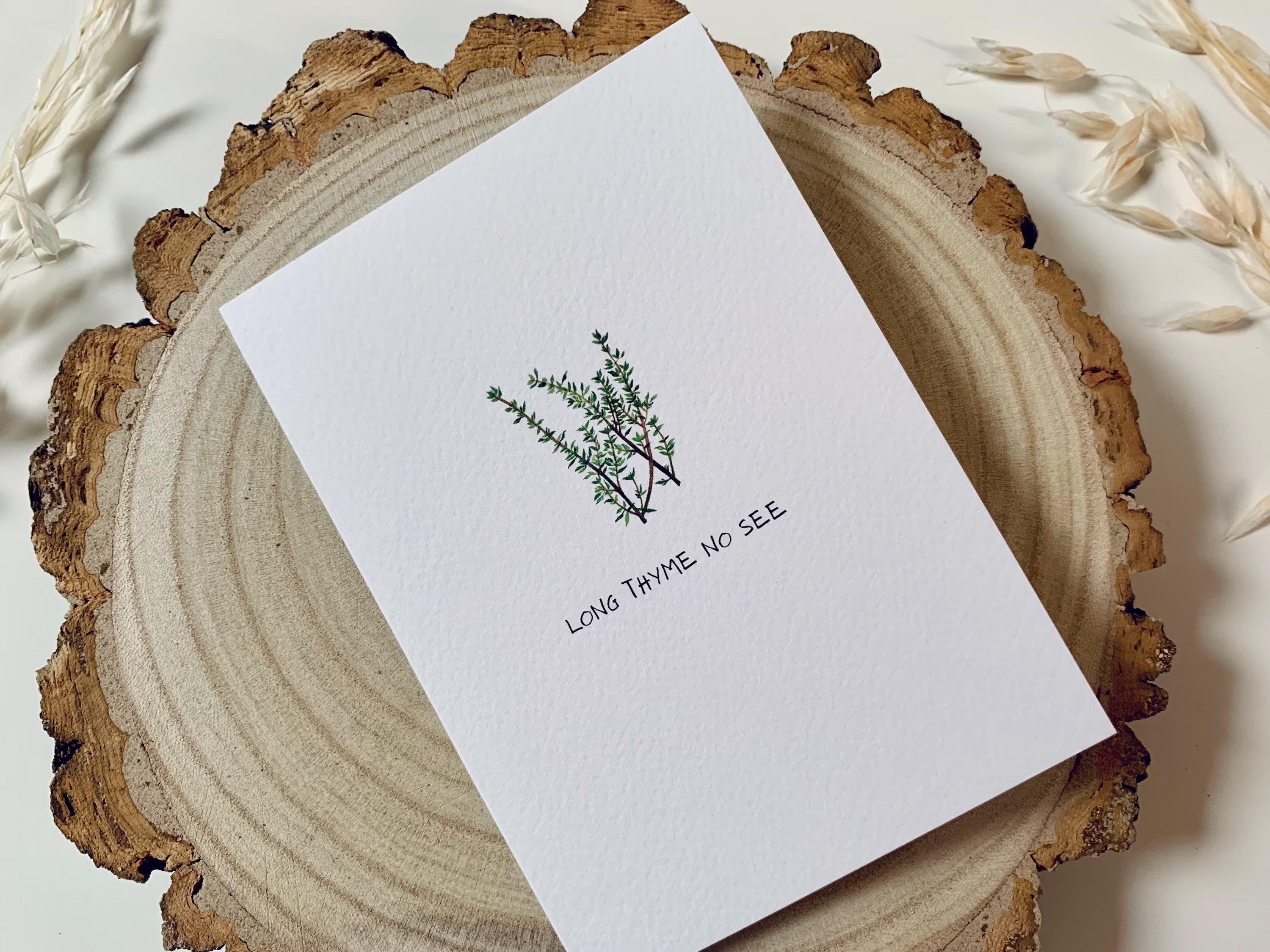 Long Thyme No See Greeting Card - Cute Pun Herb Illustrated Watercolour Notecard A6 Blank Inside Envelope Included