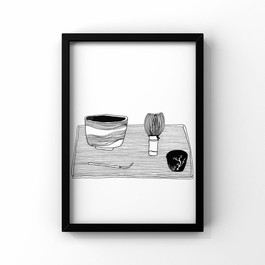 Matcha Tea Print, Japanese Green Illustration, Black & White Wall Art, Gift For Japan Lovers, Wabi Sabi, Ceremony Chado Artwork