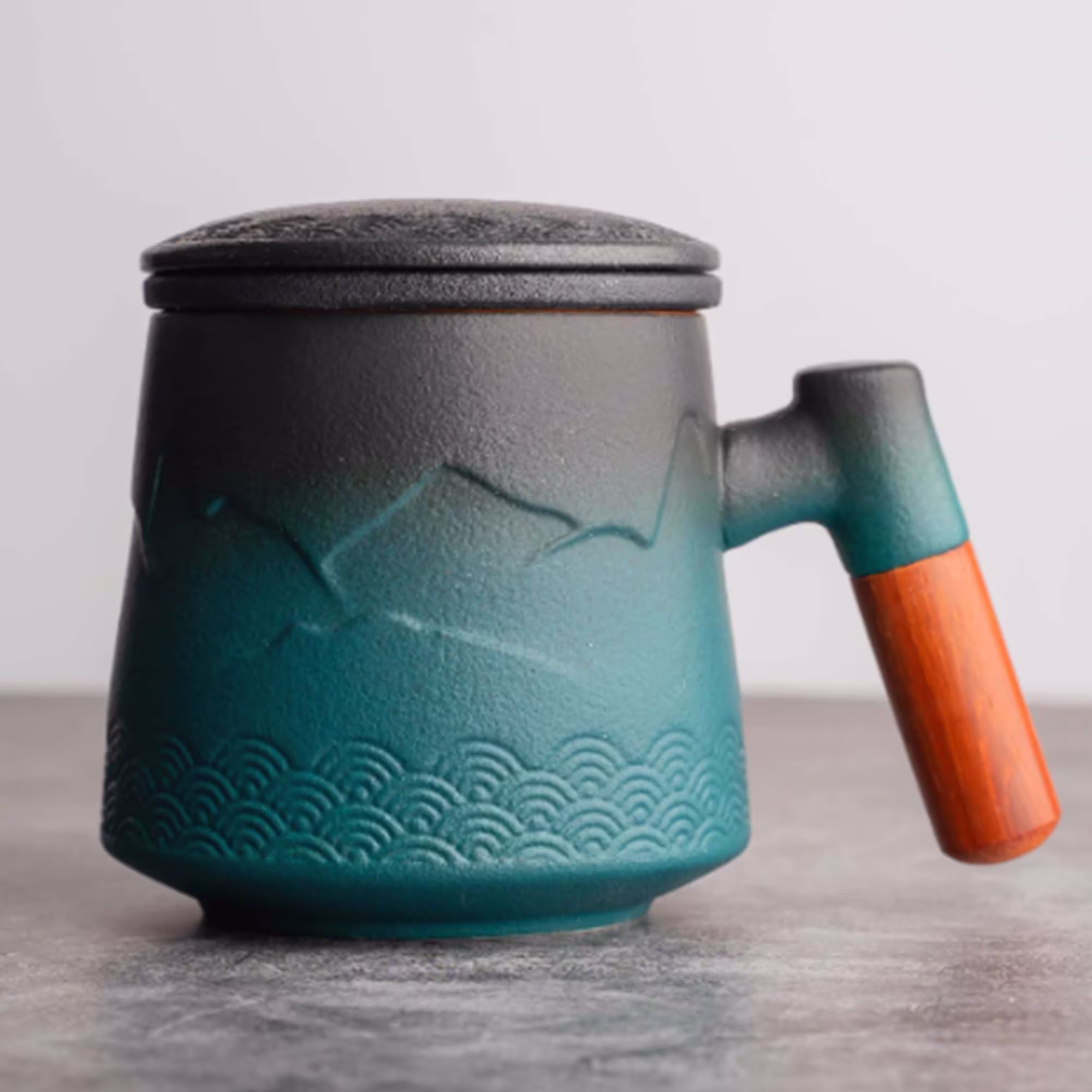 Coffee Mug Japanese Hand-Crafted Handmade Ceramic Kiln Glazed Unique Pattern, Colour & Texture Mugs With Wooden Handle