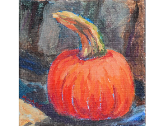 Little Sugar Baby, Pumpkin, Seasonal, Original Painting, Mini, 6 X 6, Fall, Autumn, Square, Impressionist, Pie, Decorative, Bright Colors