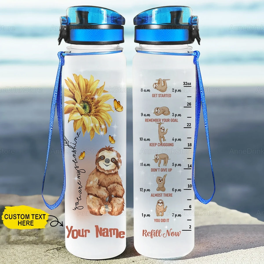 Sloth & Sunflower Water Tracker Bottle, Personalized Tumbler, Sloths Gifts, Gym Funny Bottle